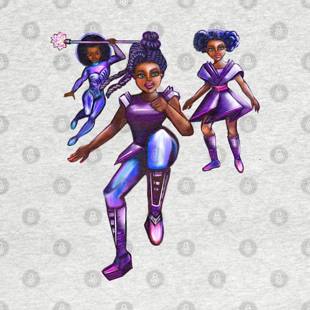 Black anime superhero girls from outer space! beautiful  black girl with Afro hair, brown eyes, Cherry pink lips and dark brown skin. Hair love ! by Artonmytee